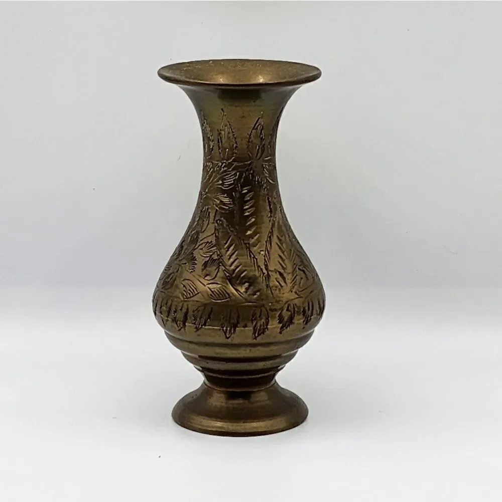 Vintage Brass Bud Vase India Hand Engraved  Design